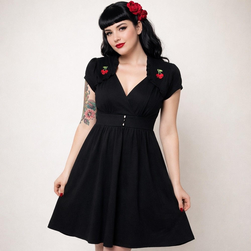 RockSteady Skater Dress Women S Black Cherry Skulls Rockabilly Whimsy Goth Retro - Picture 1 of 11